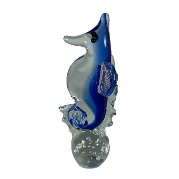 Hand Blown Art Glass Seahorse Bubble Ball Cobalt Blue Clear Nautical Paperweight - Picture 3 of 4